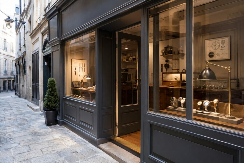 Vitrine d’horlogerie avec montres, réveils et rue pavée
