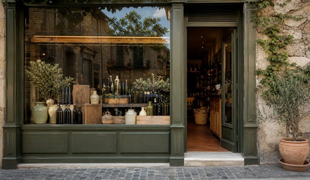Vitrine d’huile d’olive avec bouteilles, amphores et paniers d’olives