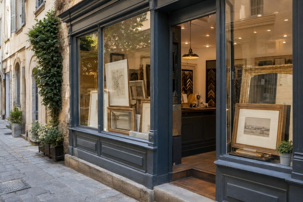 Vitrine d’un atelier d’encadrement avec cadres en bois et œuvres visibles