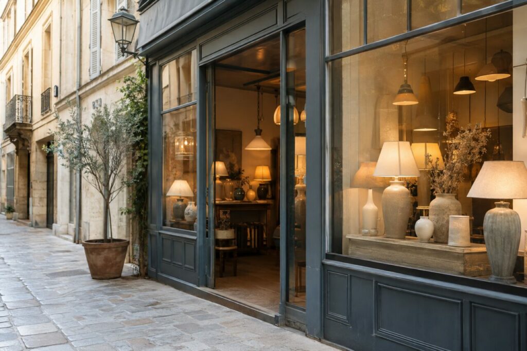 Vitrine d’une boutique de luminaires avec lampes en céramique et rue pavée