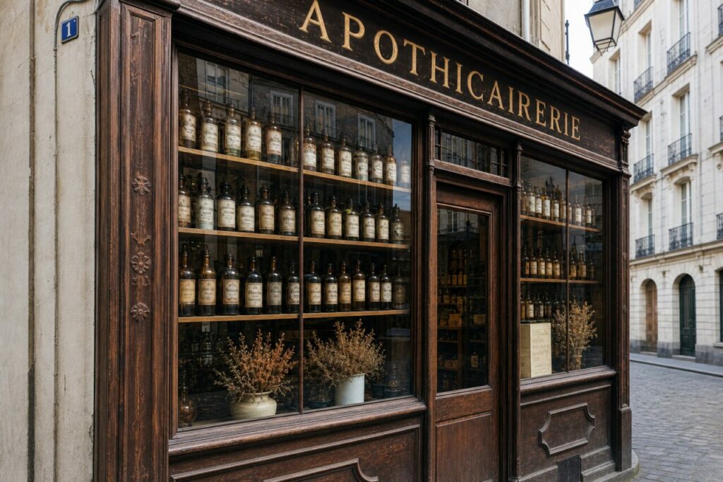 Vitrine d’apothicairerie à Nantes, flacons anciens et enseigne sur bois patiné