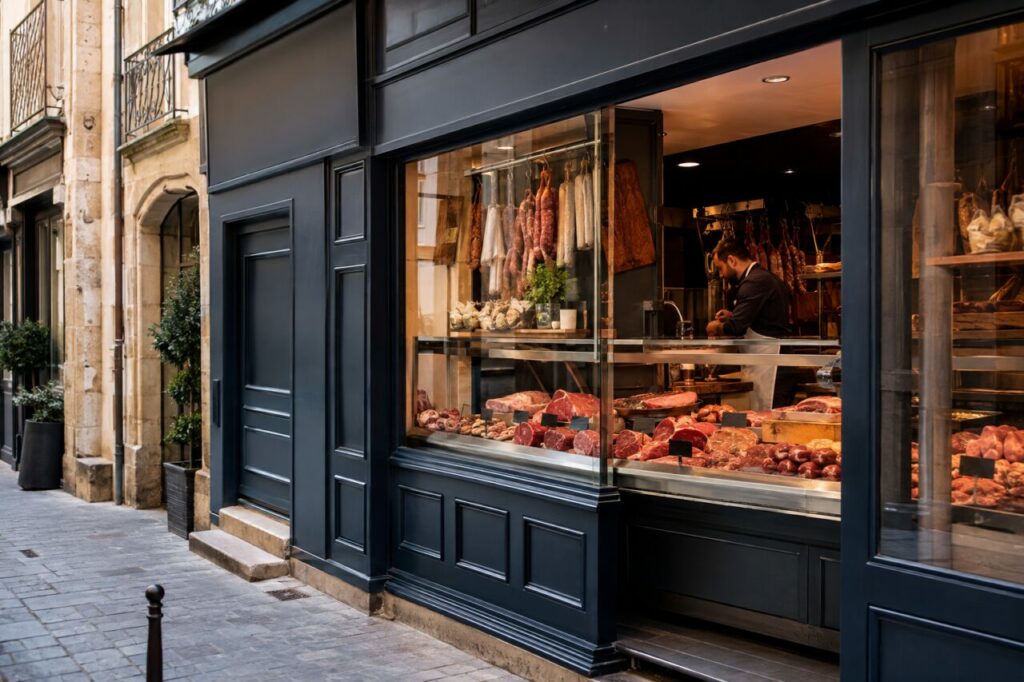 Vitrine de boucherie avec pièces de viande, saucissons et herbes