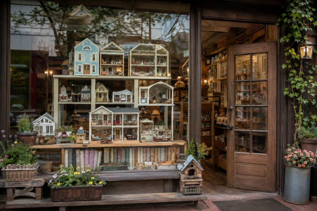 Boutique de maisons de poupées présentant façades, jardins et pièces miniatures éclairées