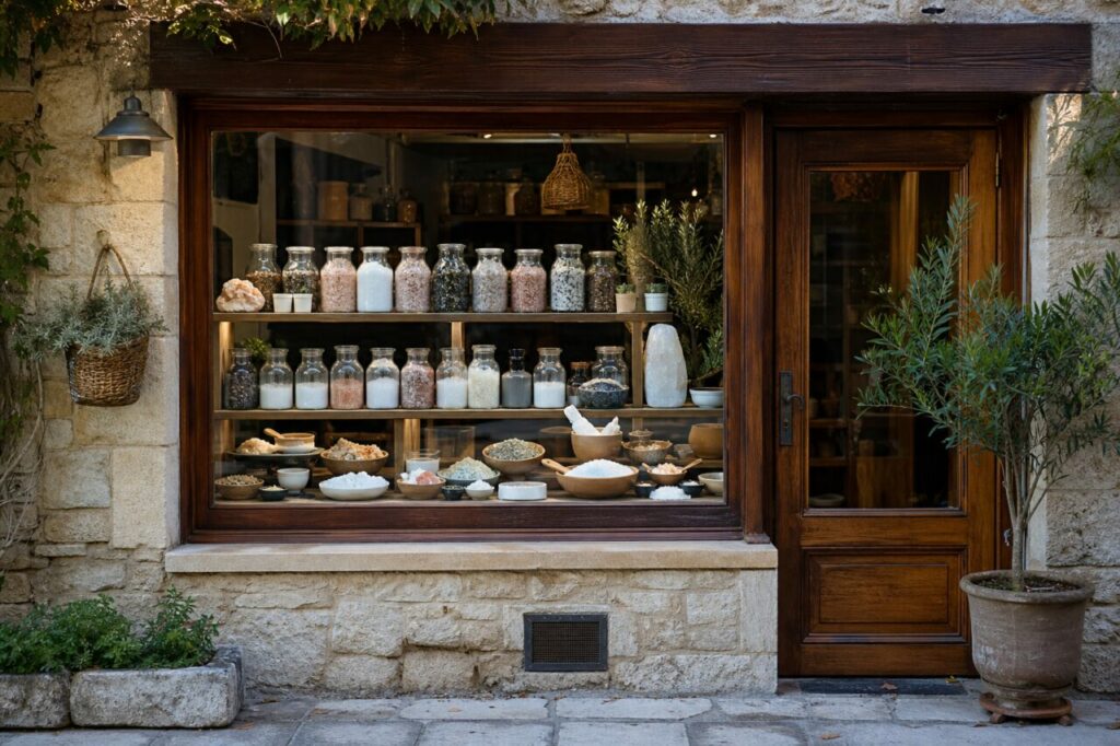 Vitrine de boutique de sels avec bocaux de cristaux blancs, roses et sombres