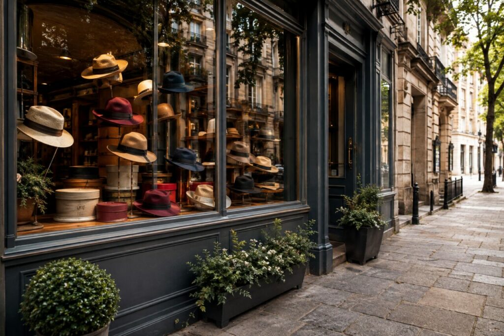Vitrine de chapellerie avec feutres, panamas, bonnets et boîtes