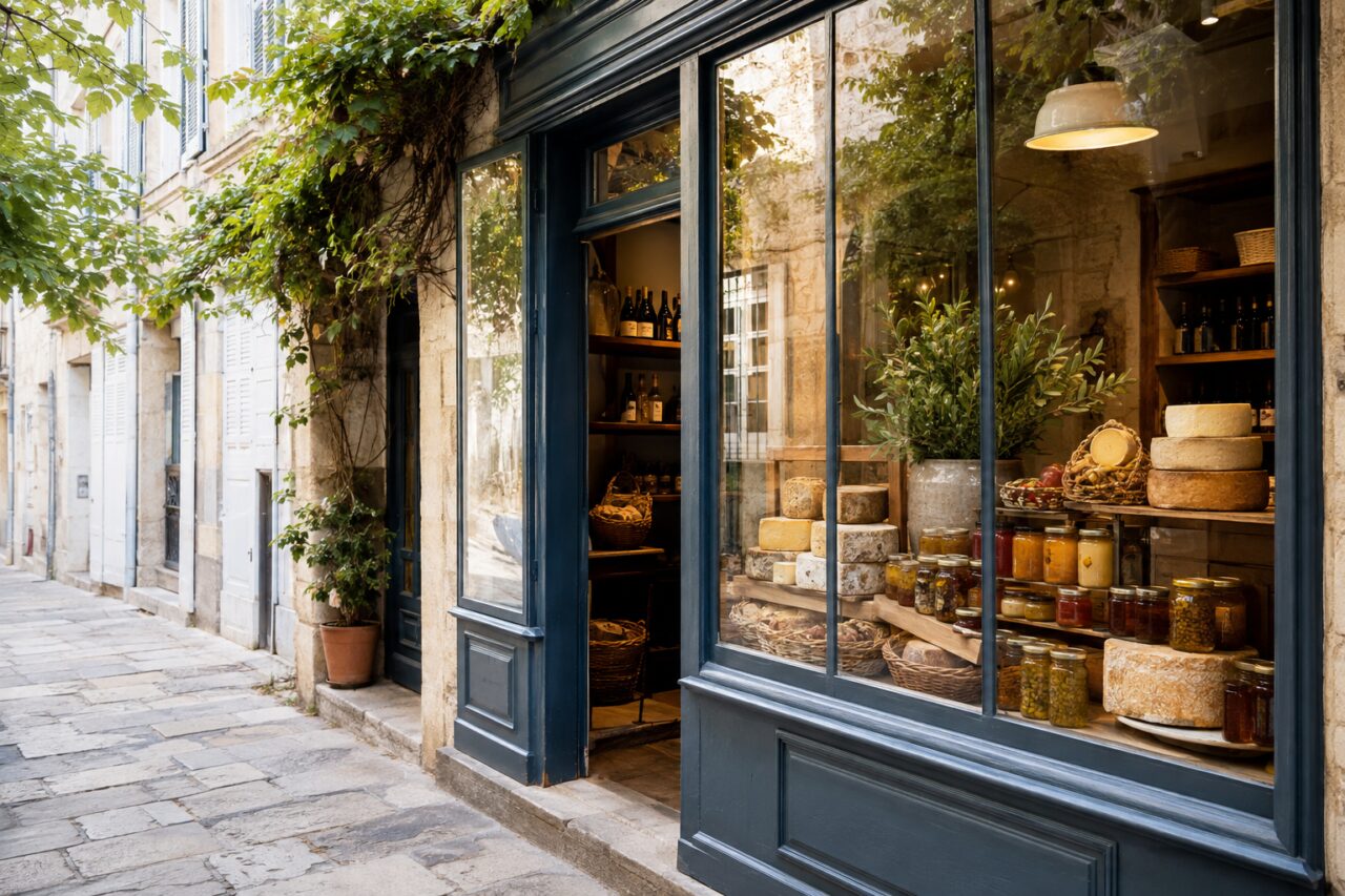 Vitrine de l’épicerie fine — Fromages, bocaux et bouteilles parmi les plantes de la rue
