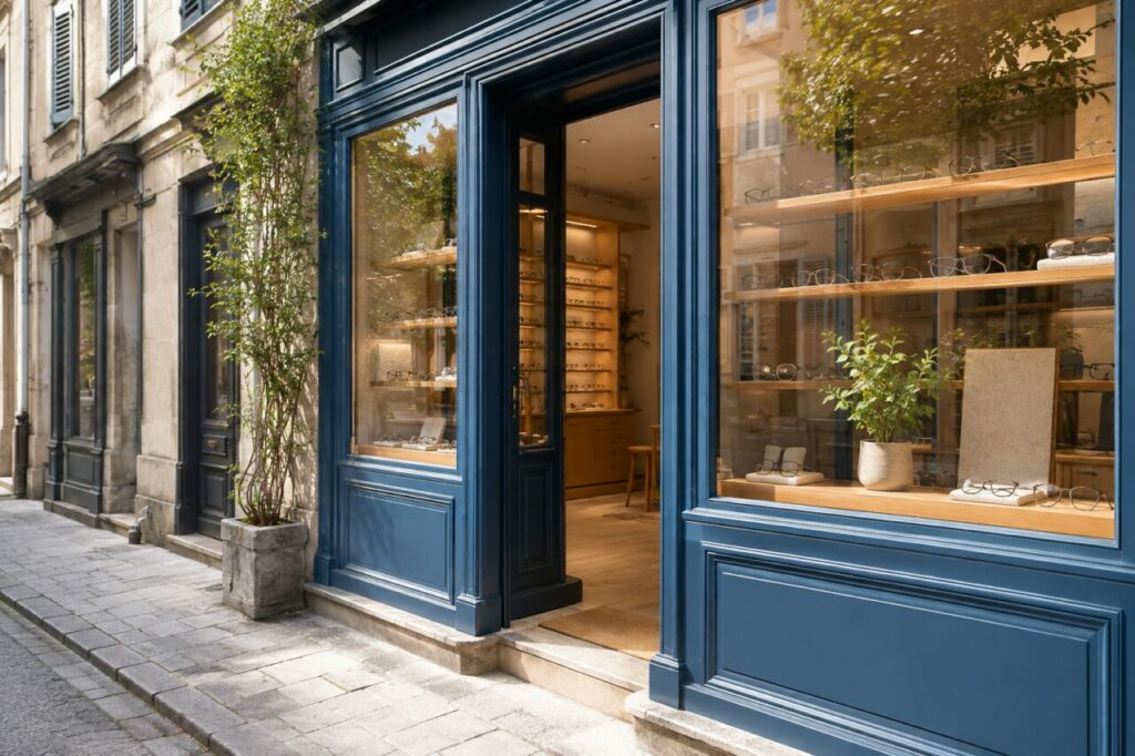 Vitrine de l’opticien — Montures et verres derrière la façade bleue