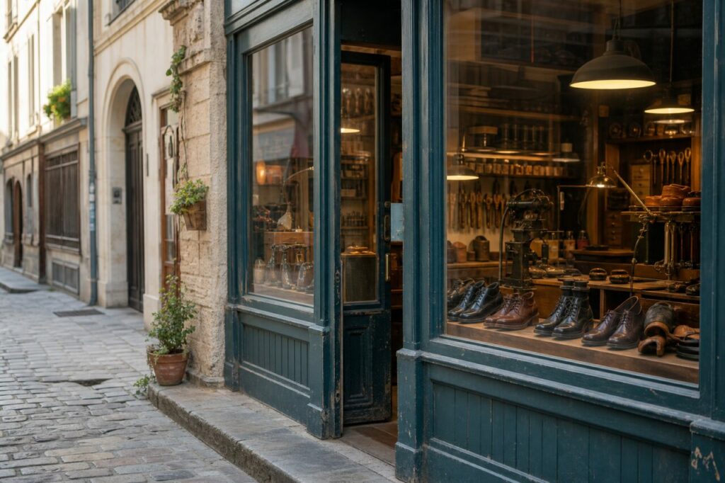 Vitrine de la cordonnerie avec bottes, chaussures et outils de réparation