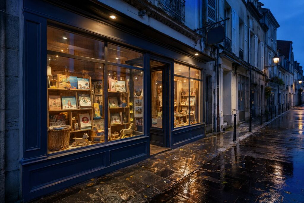 Vitrine de librairie jeunesse à l’heure bleue avec albums et jouets éclairés