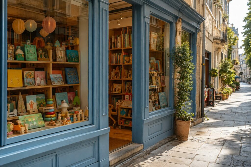 Vitrine de librairie jeunesse avec albums illustrés et jouets en bois dans une rue calme