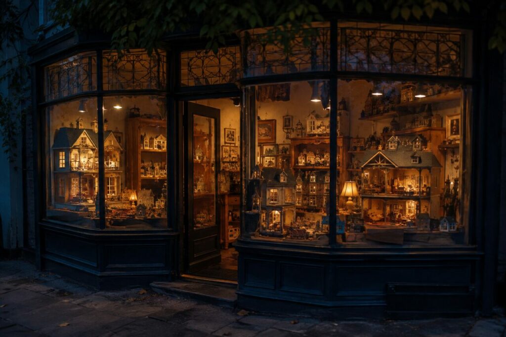 Rue de maisons miniatures éclairées derrière une vitrine à l’heure bleue