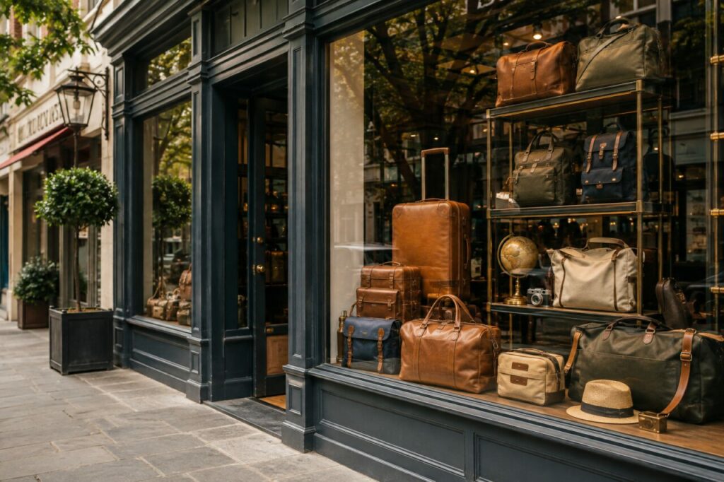 Vitrine de maroquinerie avec valises, sacs et globe