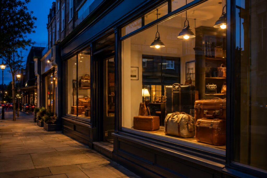 Vitrine de maroquinerie éclairée avec malles et sacs en cuir