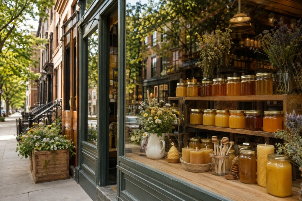 Vitrine de miellerie avec pots ambrés, cire et fleurs séchées