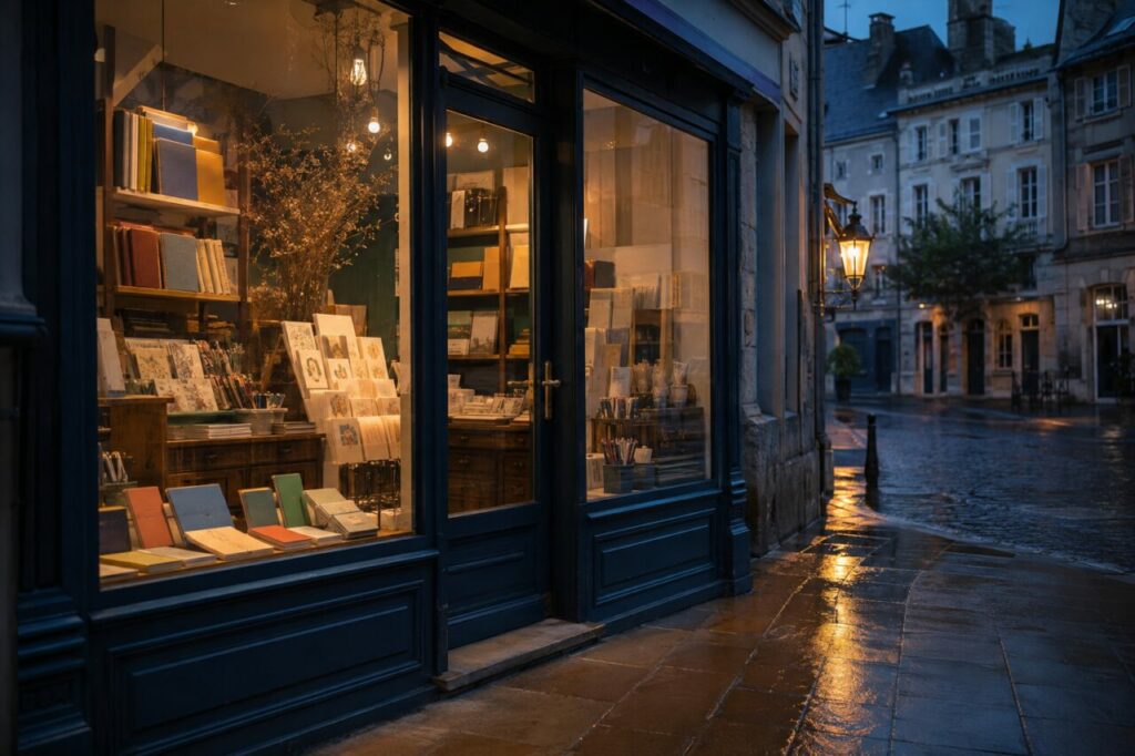 Vitrine de papeterie éclairée dans une rue mouillée au crépuscule