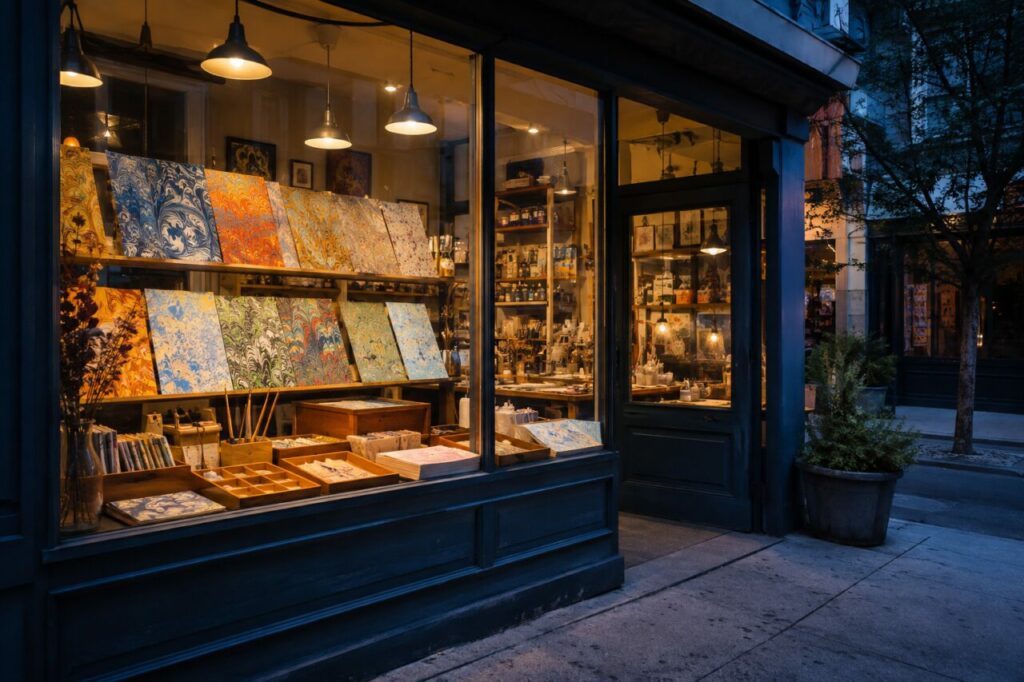 Vitrine de papier marbré éclairée à l’heure bleue dans un atelier créatif
