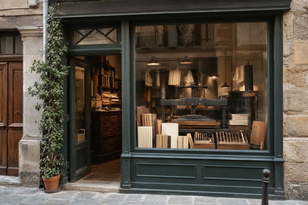 Vitrine de reliure avec dos de cuir, papiers et livres