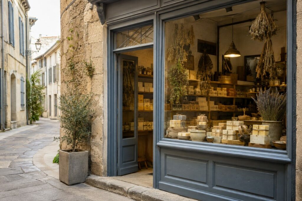 Vitrine de la savonnerie avec savons, herbes sèches et boîtes naturelles