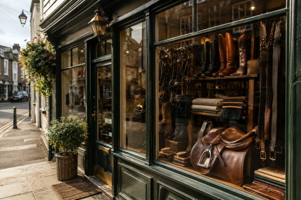 Vitrine de sellerie avec selles, bottes et brides en cuir
