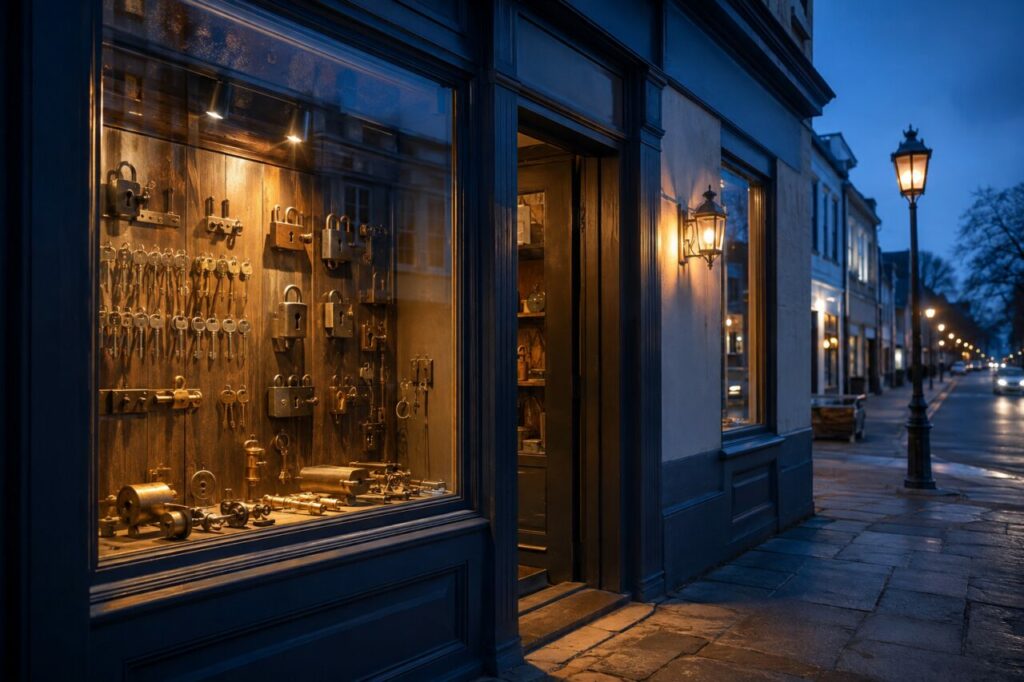 Vitrine de serrurerie éclairée dans une rue au crépuscule