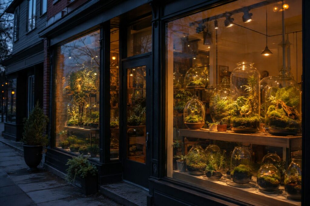 Tijdens het blauwe uur verlichte etalage met beplante glazen terrariums