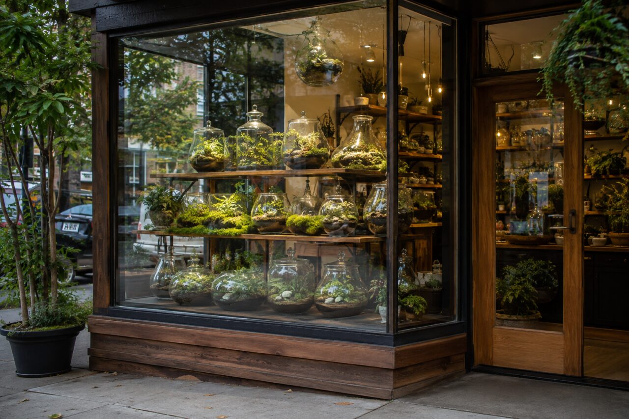 Terrarien-Schaufenster mit Moos, Farnen und Dekorsteinen