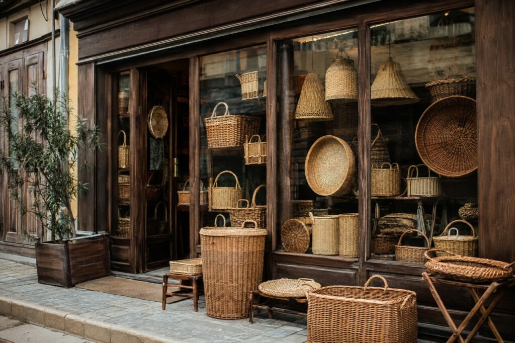 Vitrine de vannerie avec paniers, corbeilles et abat-jour tressés