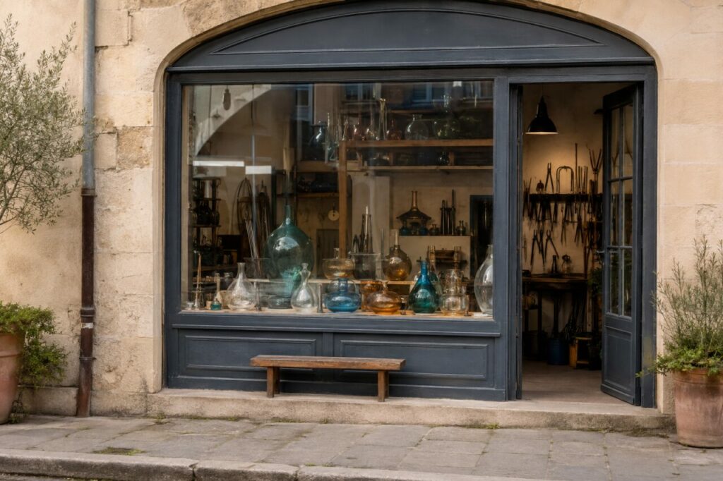 Vitrine de verrerie artisanale avec bols translucides et vases colorés