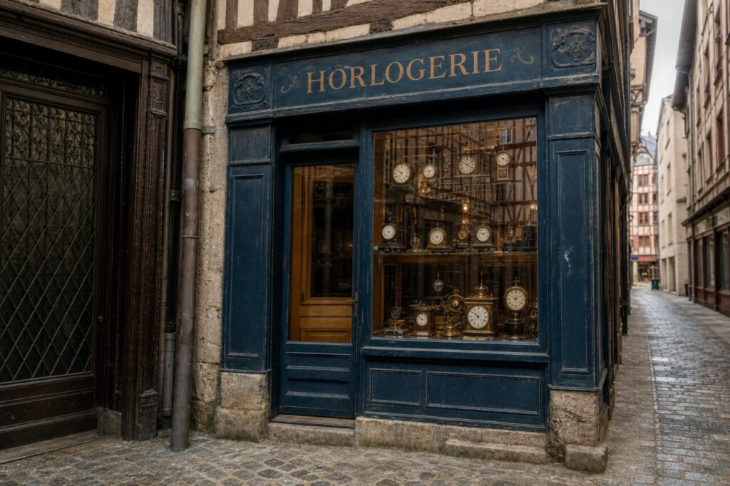 Vitrine d’horlogerie à Rouen, façade bleu nuit et horloges sous les colombages