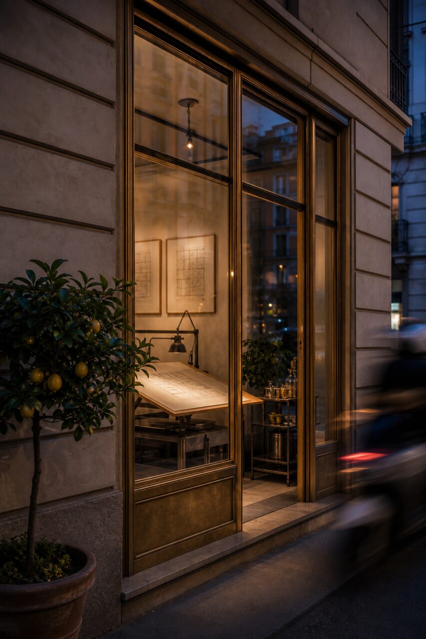 Vetrina dorata di un’agenzia immobiliare a Milano al crepuscolo con progetto illuminato
