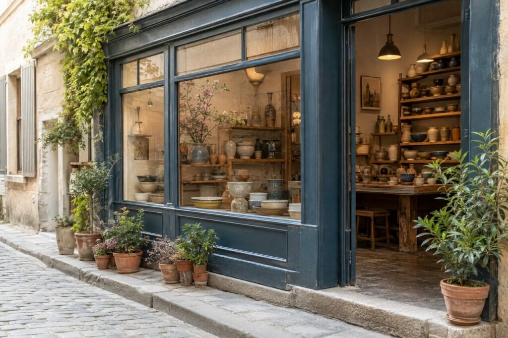 Vitrine du céramiste — Bols, vases et pièces émaillées parmi les plantes de la rue