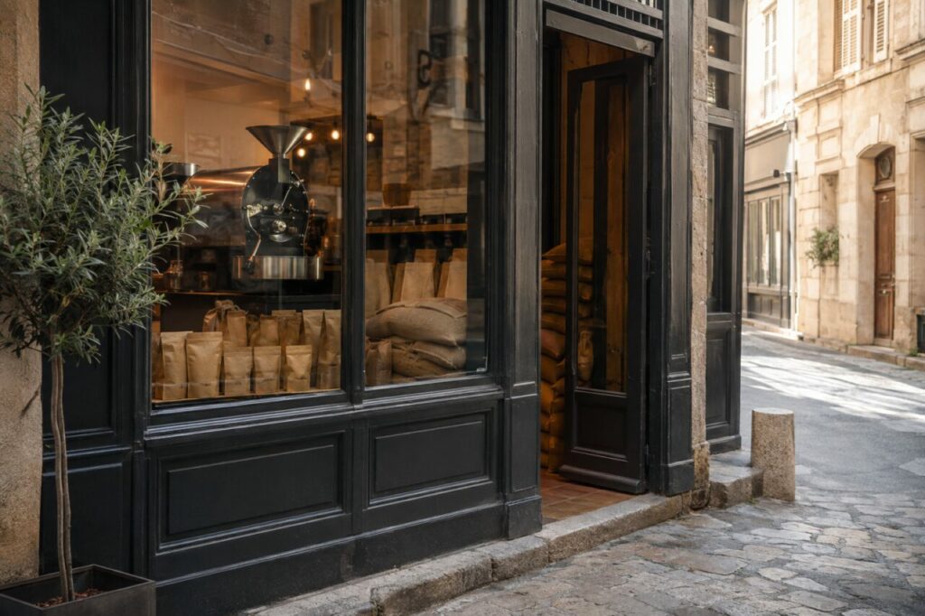 Vitrine du torréfacteur de quartier avec sacs et grains dans une devanture éclairée