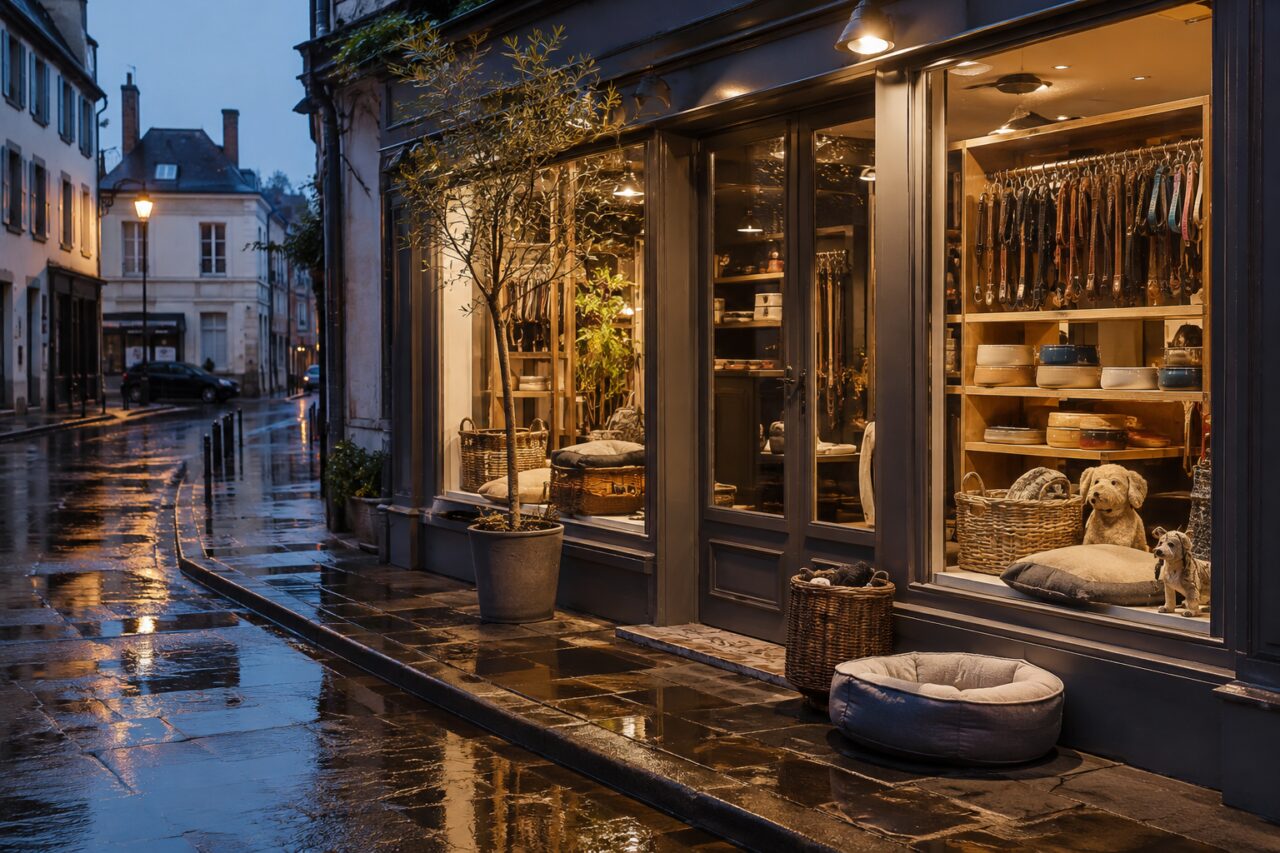 Escaparate iluminado de tienda de animales con cestas y correas bajo la lluvia