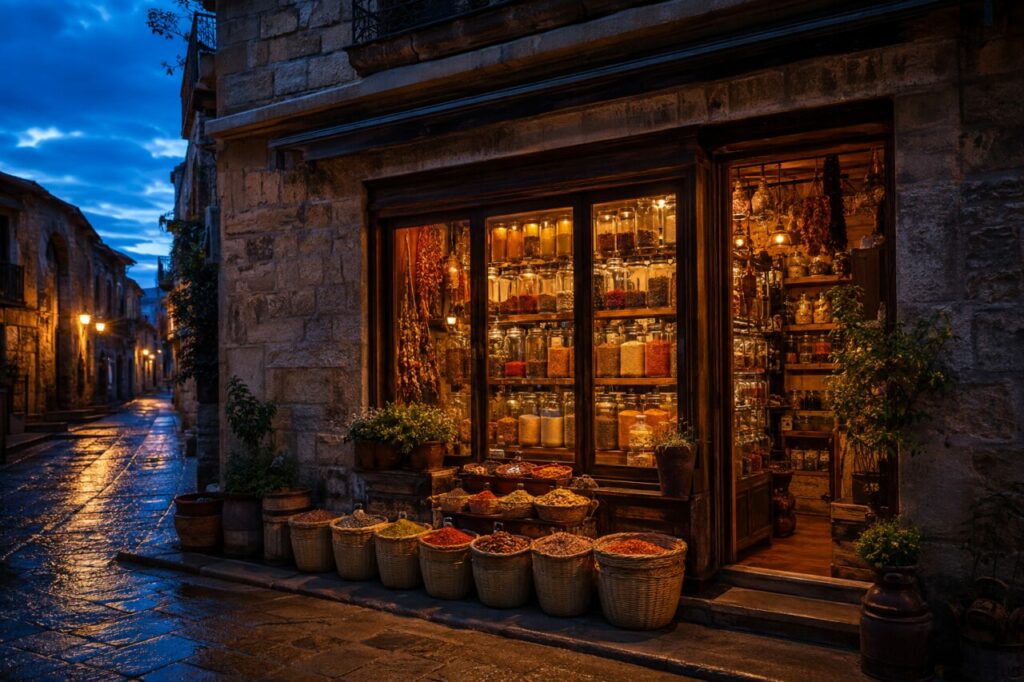 Vitrine éclairée d’épicerie fine avec bocaux et paniers sur pavés mouillés