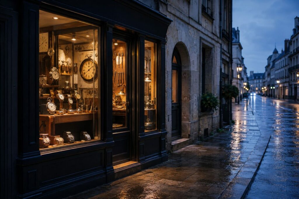 Vitrine éclairée d’horlogerie dans une rue mouillée au crépuscule