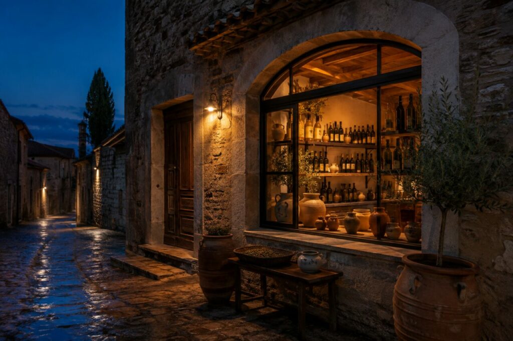 Vitrine éclairée d’huile d’olive avec amphores dans une ruelle en pierre