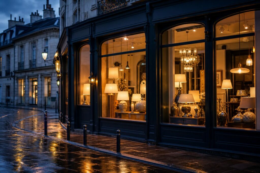 Vitrine éclairée d’une boutique de luminaires dans une rue mouillée
