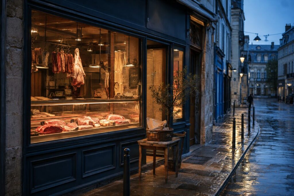 Vitrine éclairée de boucherie dans une rue pavée mouillée