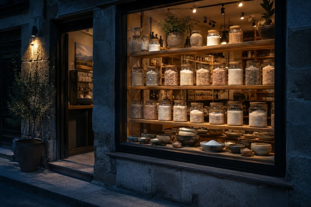 À l'heure bleue, vitrine éclairée d'une boutique de sels en bocaux