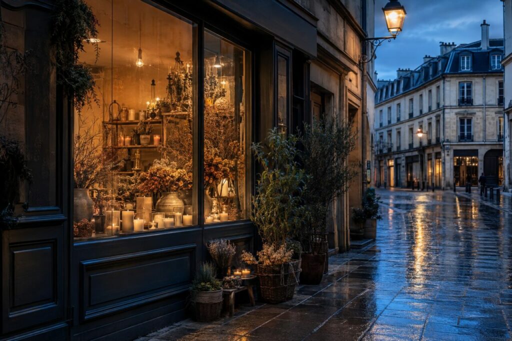 Vitrine éclairée de chandellerie avec bougies et rue mouillée
