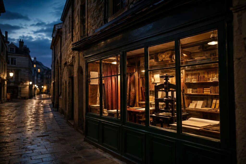 Vitrine éclairée de reliure avec livres et presse ancienne
