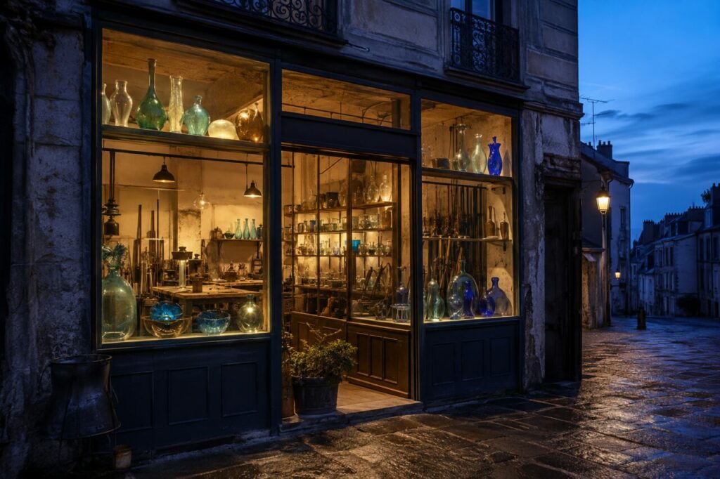 Vitrine éclairée de verrerie artisanale dans une rue mouillée
