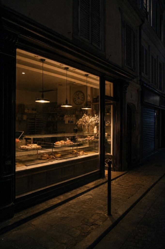 Vitrine éclairée avec trois suspensions et horloge sur rue sombre