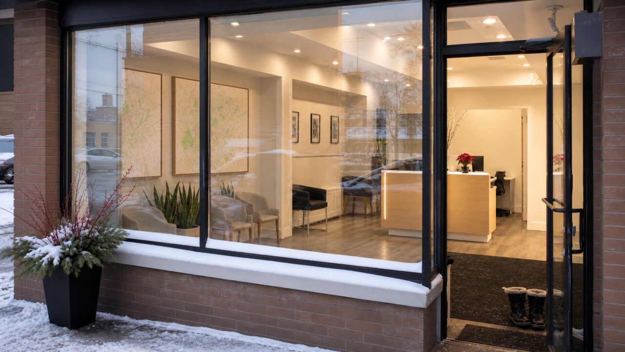 Montra nevada de uma agência imobiliária moderna em Toronto