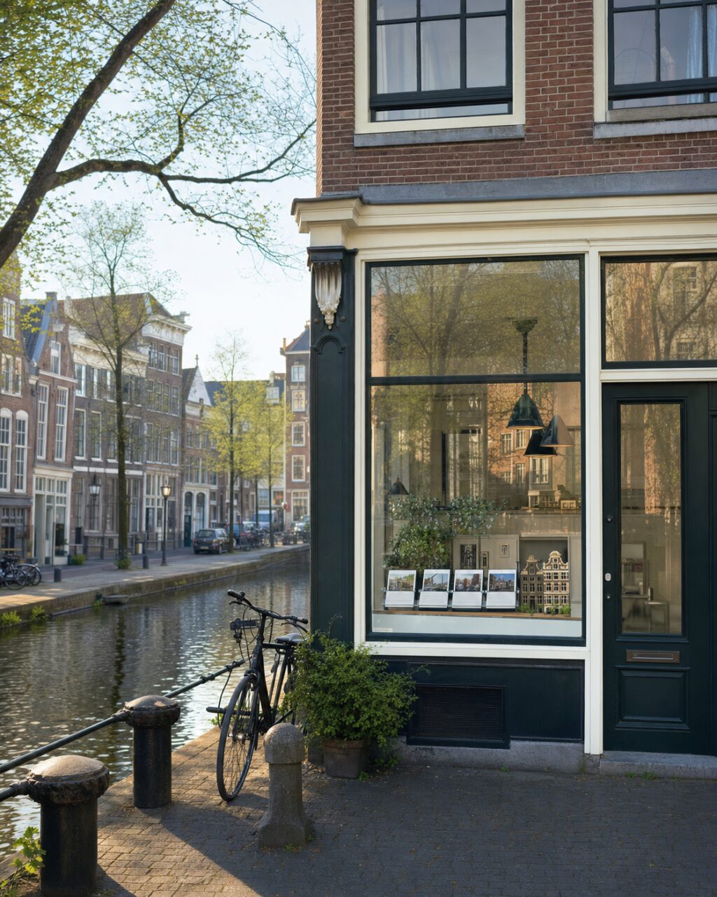Vetrina immobiliare sul canale di Amsterdam con case in mattoni