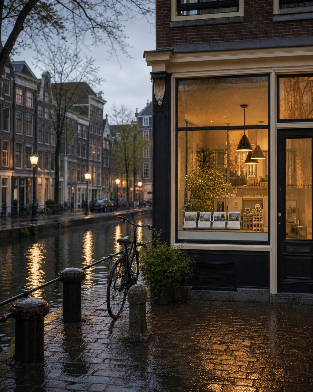 Vitrine immobilière à Amsterdam sous la pluie, éclairée le soir