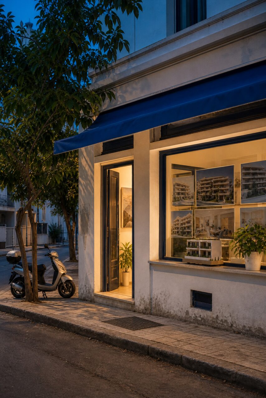 Montra imobiliária em Atenas à hora azul