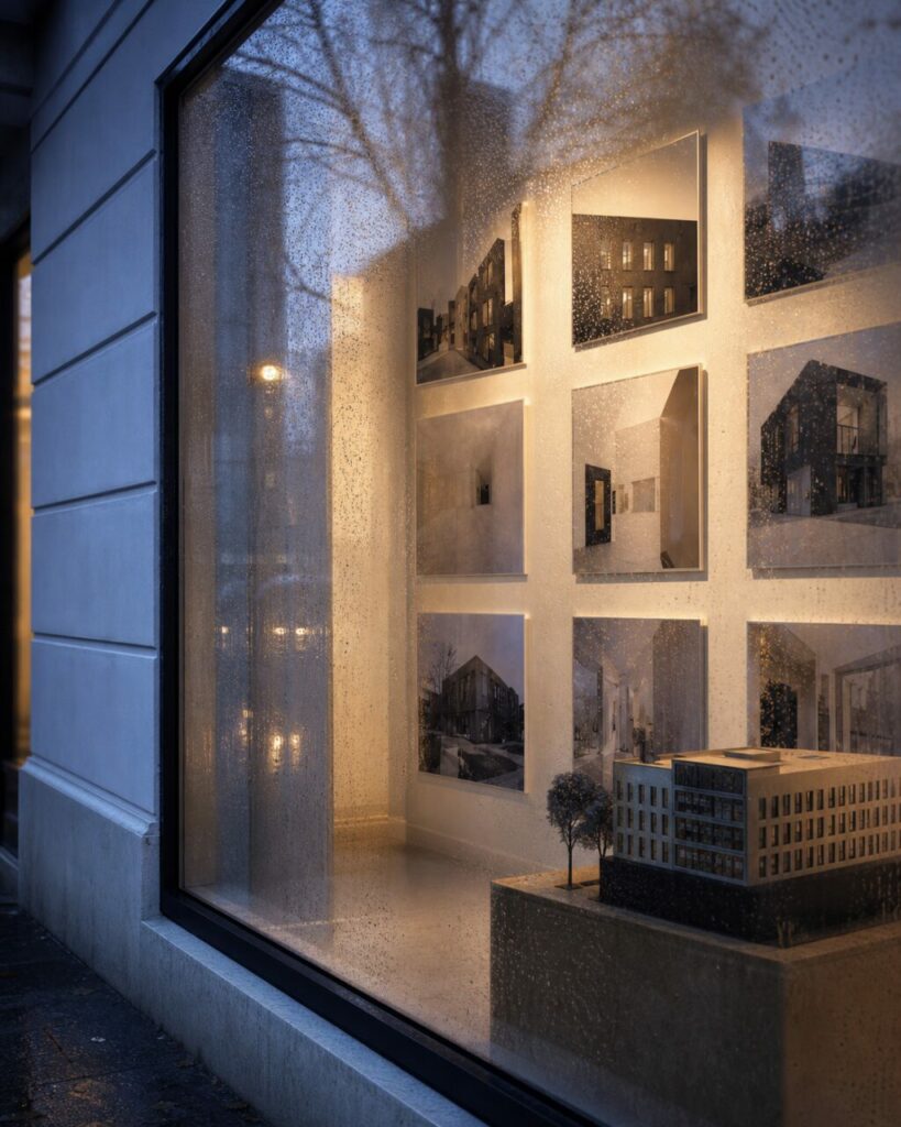 Vitrine immobilière berlinoise en angle avec maquette urbaine