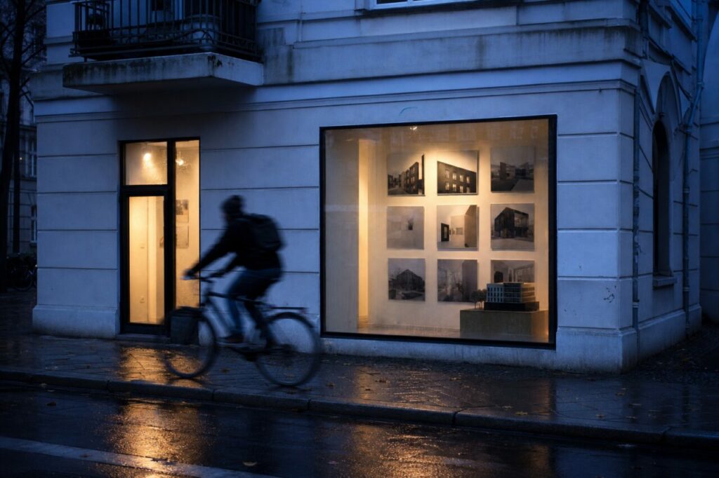 Vitrine immobilière berlinoise et cycliste sous les lumières du soir