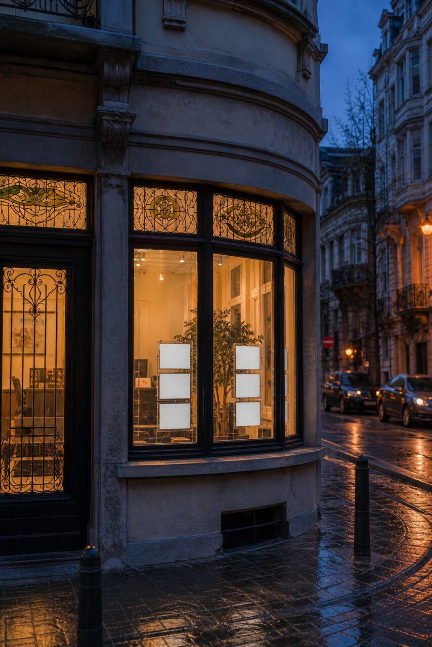 Close vertical view of a bright Brussels property agency window with listings